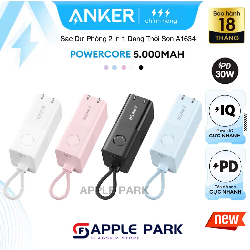 Sạc dự phòng kiêm củ sạc 2 in 1 Anker A1634 PD 30W 5000mAh,Cho Laptop 15 Pro Max 14 Pro 13 12 11 XS 8P,Bảo Hành 12T
