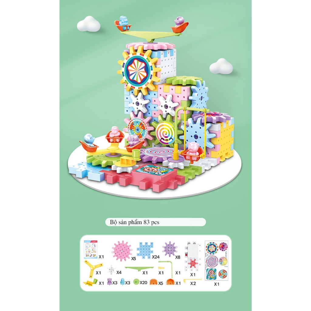 Đồ chơi lắp ráp, ghép, xếp hình Lego thông minh hình bánh răng,2 động cơ,ô tô 83 chi tiết