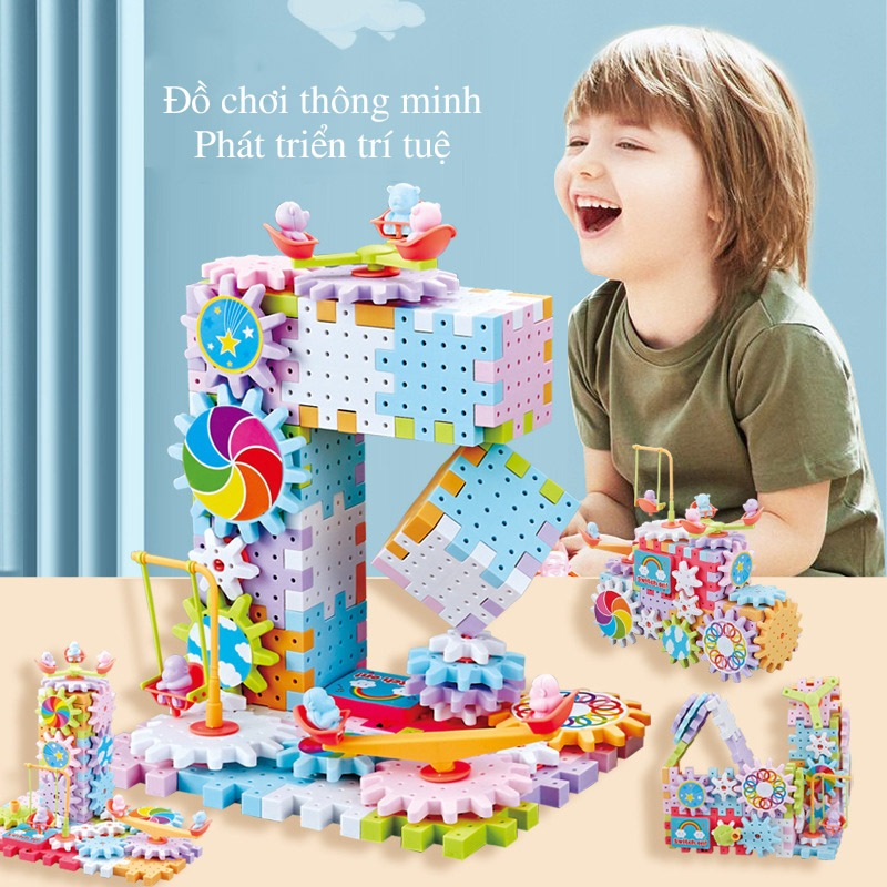 Đồ chơi lắp ráp, ghép, xếp hình Lego thông minh hình bánh răng,2 động cơ,ô tô 83 chi tiết