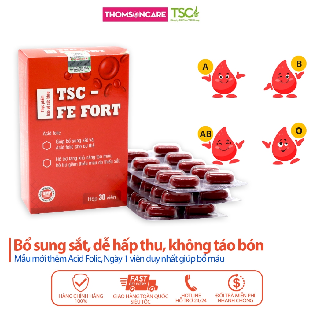 Bổ máu Fe Fort TSC mẫu mới - bổ sung Sắt, Acid Folic từ cao khô củ gai cho người thiếu máu, bà bầu - Hộp 30 viên