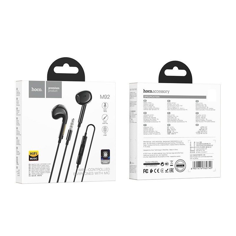 Tai nghe nhét tai Hoco M92 có mic đàm thoại và điều khiển âm lượng trên tai