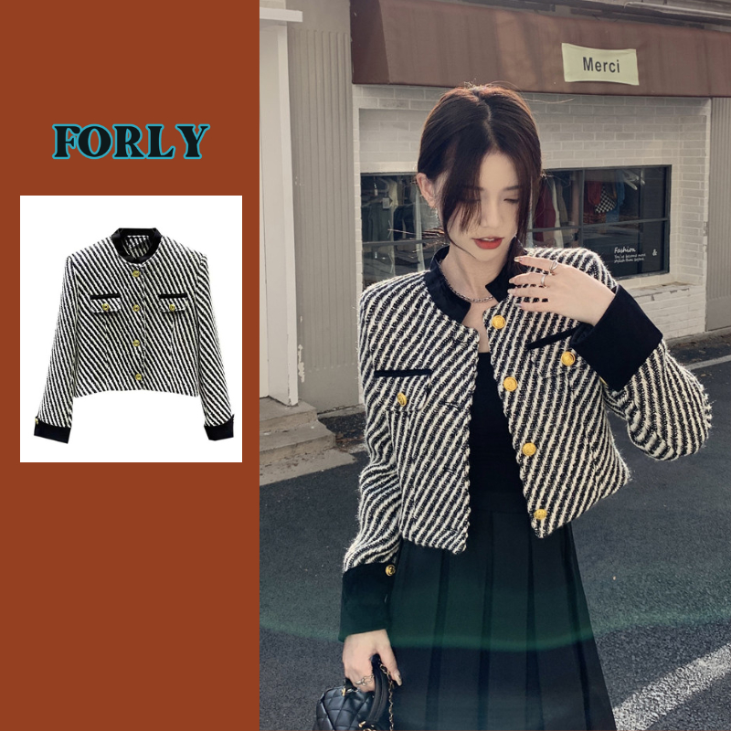 Áo dạ tweed khoác ngoài Forgirlstudio cổ tàu họa tiết kẻ sọc chéo phối tay nhung sang chảnh dáng croptop T011