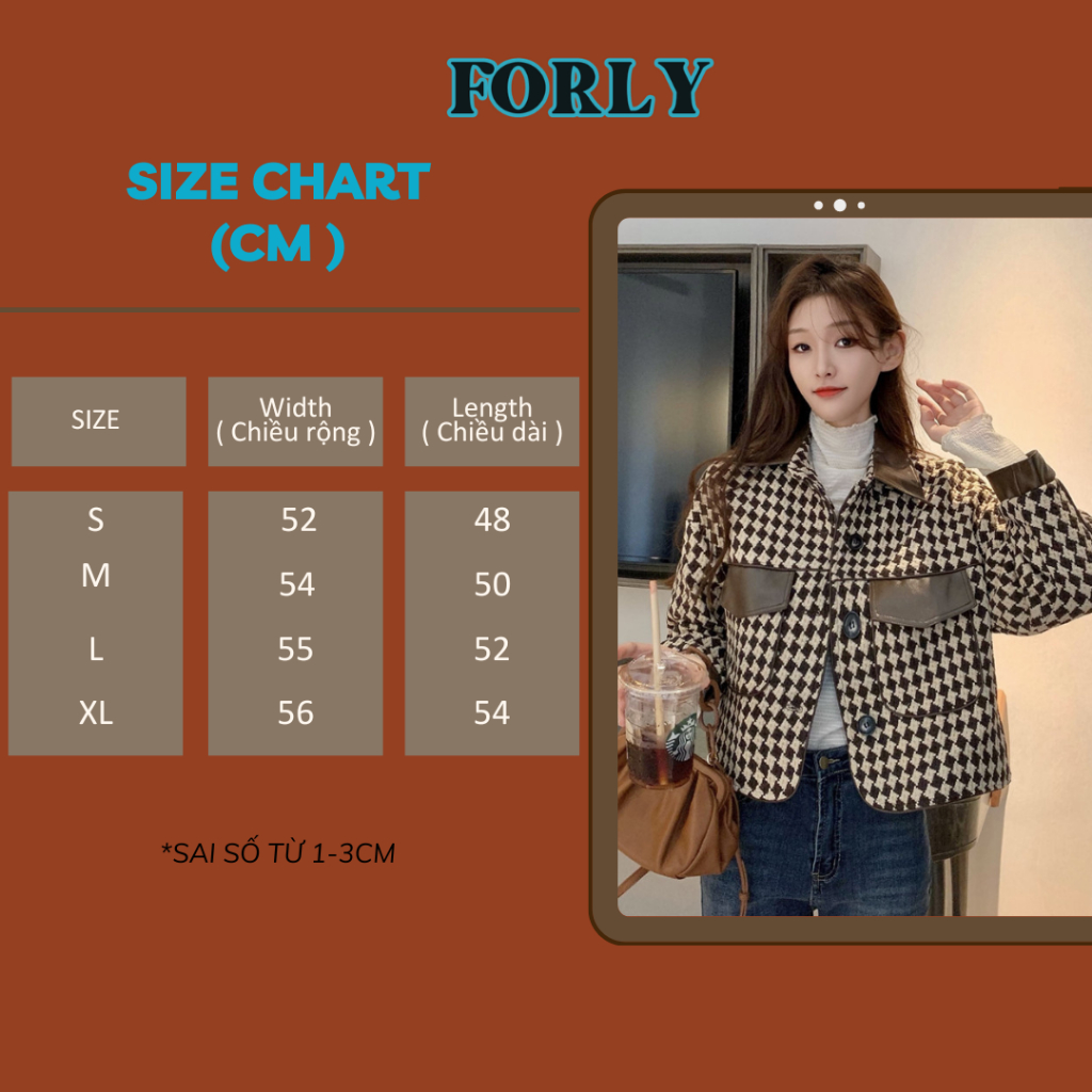 Áo khoác dạ tweed lót phao Forgirl phối da họa tiết kẻ caro FG007