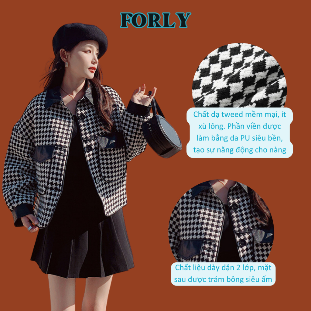 Áo khoác dạ tweed lót phao Forgirl phối da họa tiết kẻ caro FG007