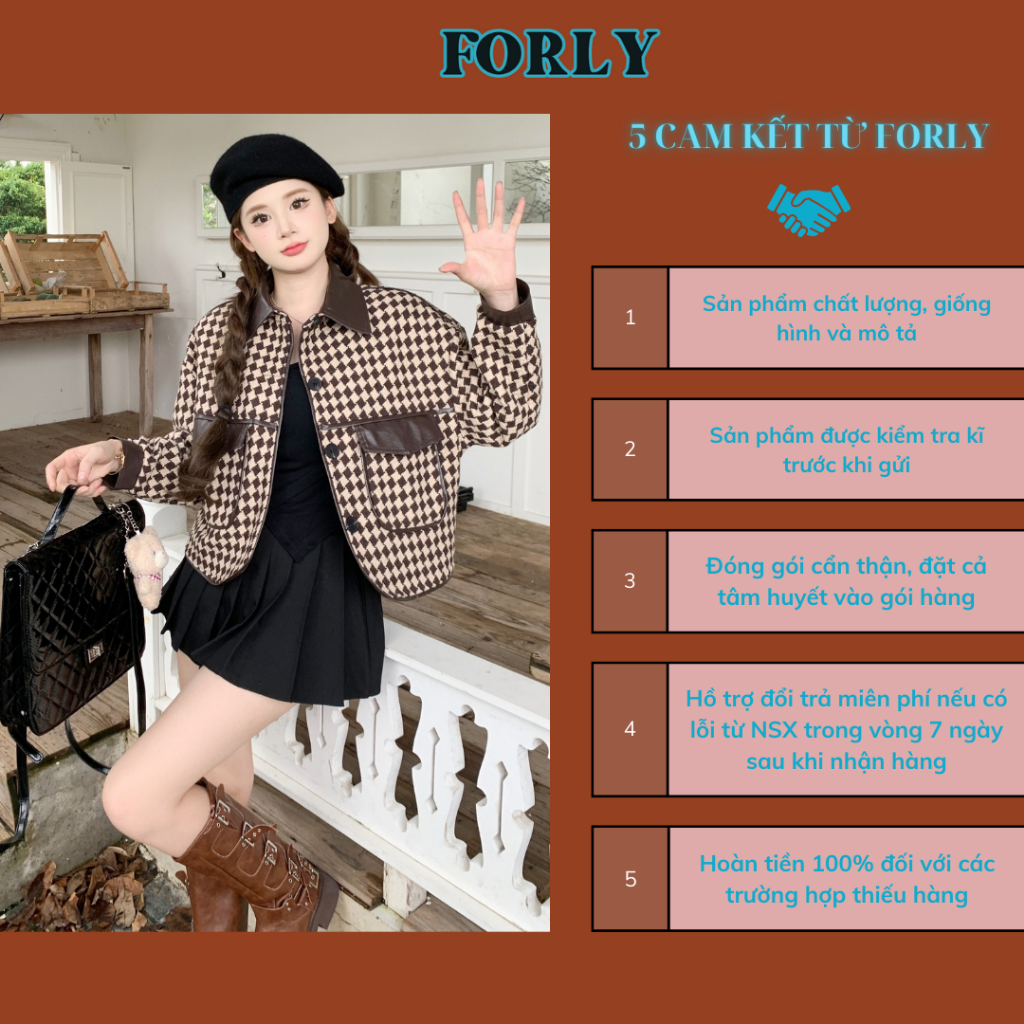 Áo khoác dạ tweed lót phao Forgirl phối da họa tiết kẻ caro FG007