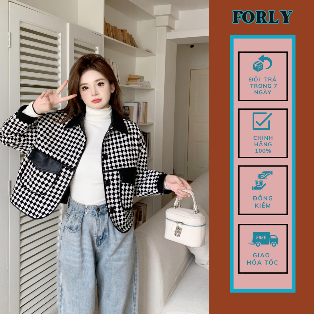 Áo khoác dạ tweed lót phao Forgirl phối da họa tiết kẻ caro FG007