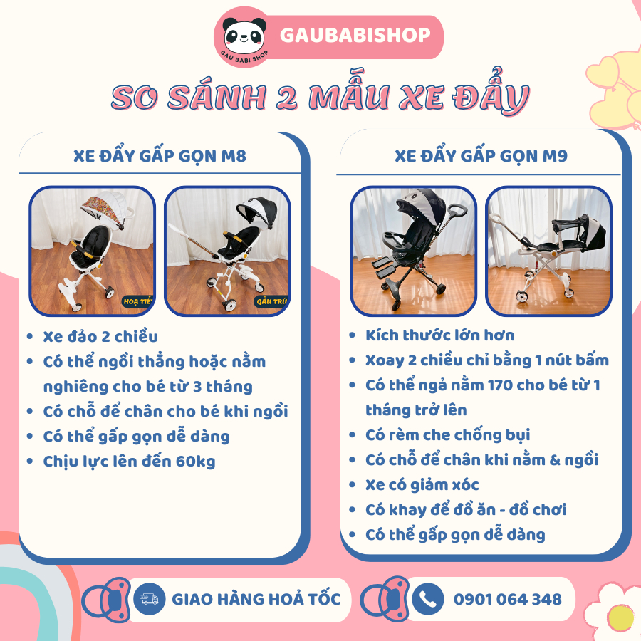 Xe đẩy gấp gọn 2 chiều cho bé kèm đệm và mái che M8/ M9