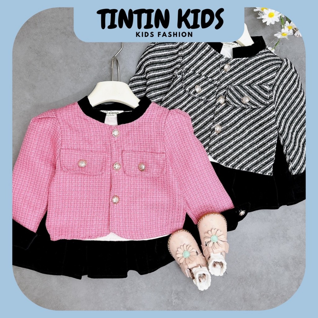 Sét dạ kẻ nhung 2 màu cho bé gái, bộ đồ cho bé 7-16kg cao dưới 1m