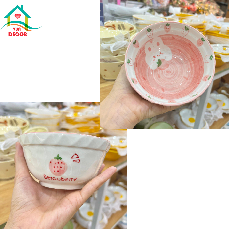 Bộ bát đĩa sứ Thỏ Hồng Ôm Dâu-chén bát Decor-bộ bát ăn cơm dễ thương phủ men bóng màu hồng,chén dĩa sứ VuaDecor