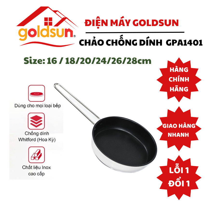 Chảo inox chống dính Goldsun GPA1402 đáy từ 3 lớp chống dính sử dụng trên mọi loại bếp