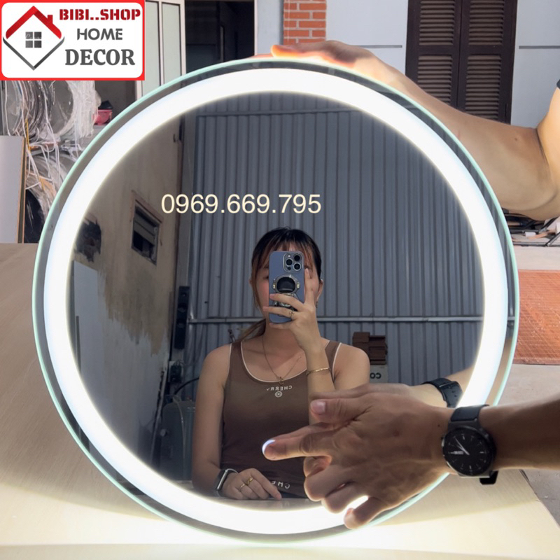 Gương nhà tắm treo tường đèn led viền dây da simili , Gương treo tường trang điểm đèn led 3 màu decor xinh - BiBi..Shop
