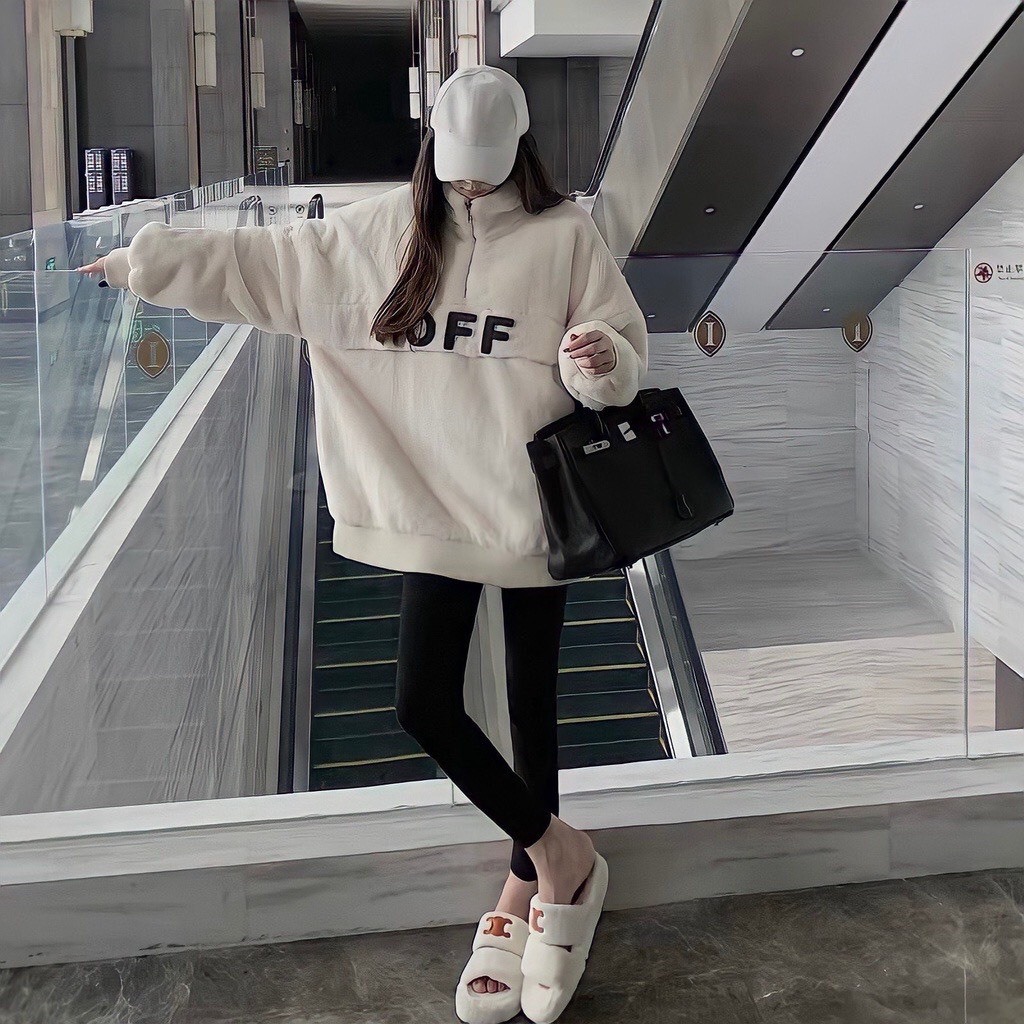 Áo Khoác, Áo Khoác Lông Họa Tiết OFF Trắng Form Rộng Unisex