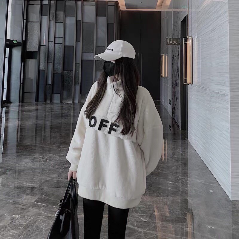 Áo Khoác, Áo Khoác Lông Họa Tiết OFF Trắng Form Rộng Unisex