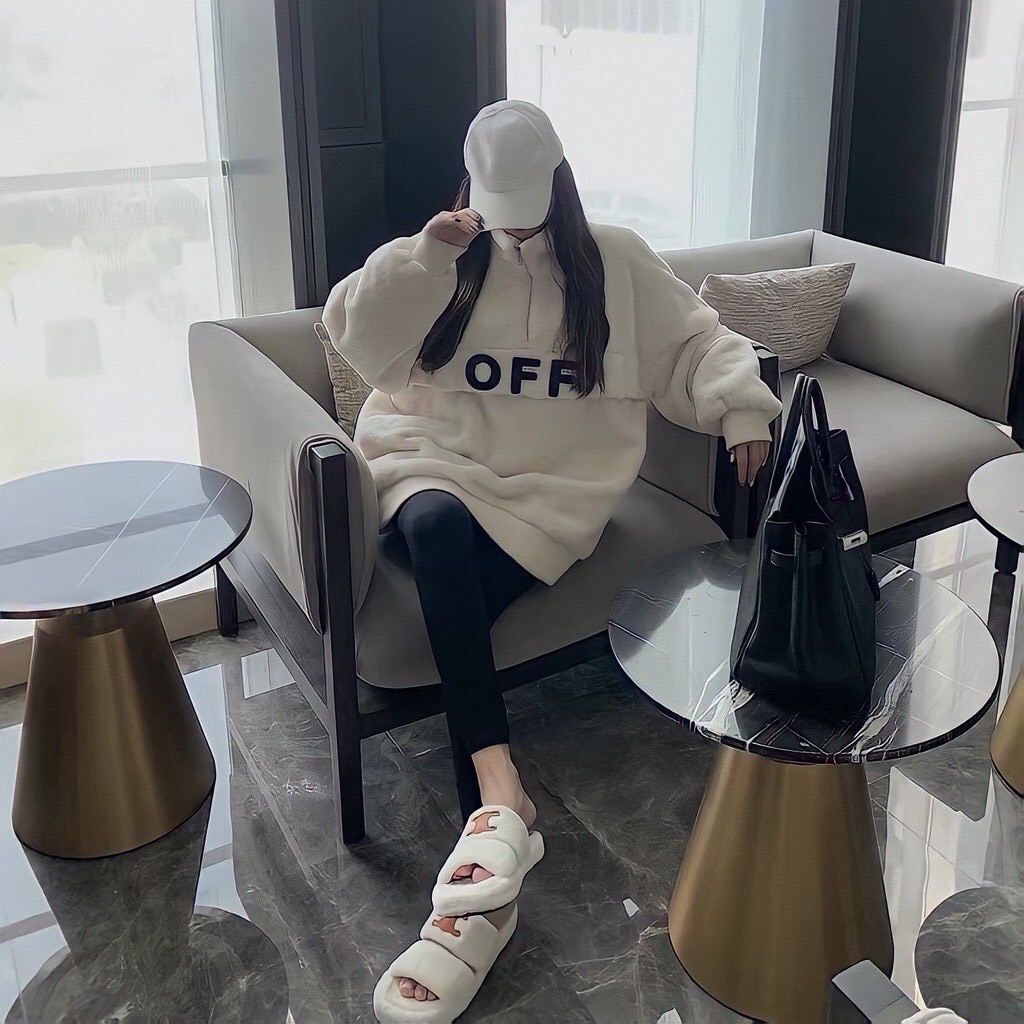 Áo Khoác, Áo Khoác Lông Họa Tiết OFF Trắng Form Rộng Unisex