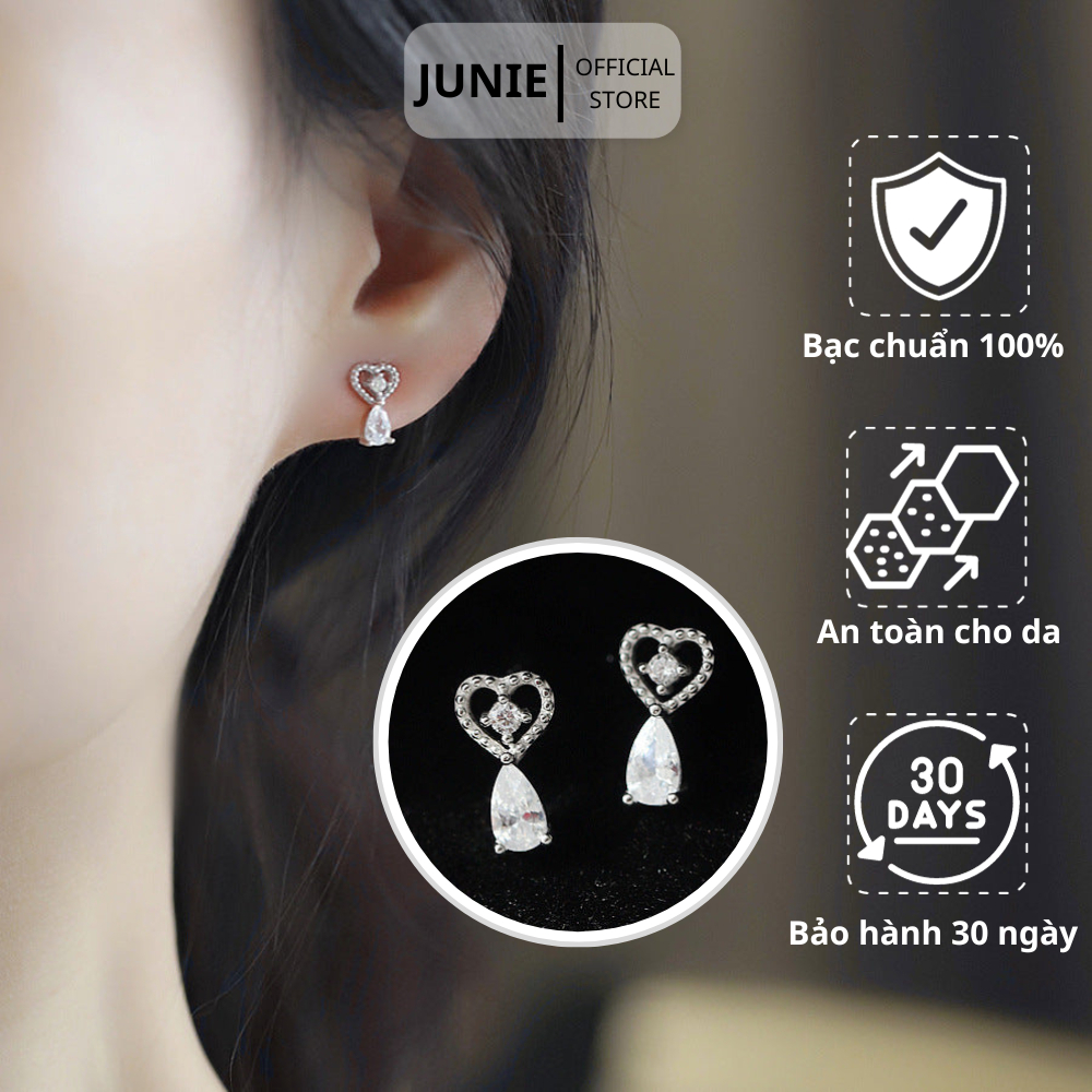 Bông Tai Bạc JUNIE Bạc Mạ Vàng Tạo Hình Trái Tim Đính Đá Giọt Nước E-ZION