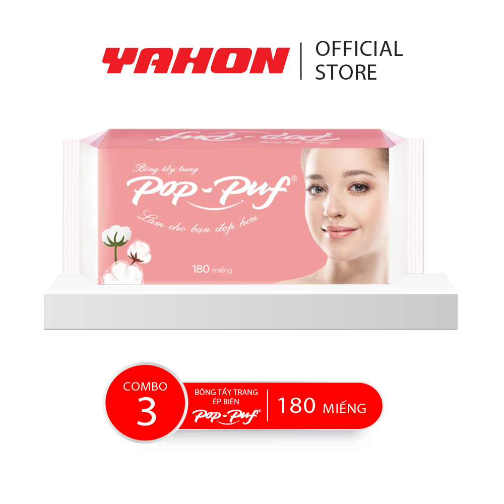 Combo 3 Bao Bông Tẩy Trang Ép Biên POP-PUF, 180 Miếng/Bao