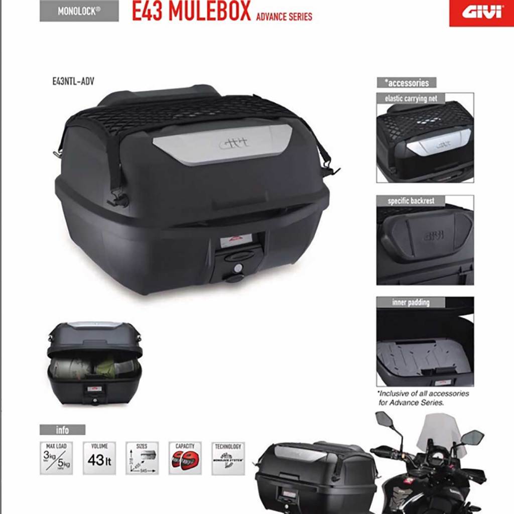 Thùng sau xe máy GIVi E43ntl ADV đầy đủ phụ kiện: Tựa lưng, lưới, lót  - Chính hãng bảo hành 2 năm