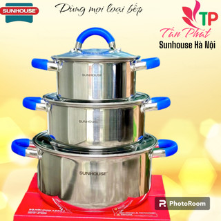 Bộ 3 nồi inox 3 đáy sunhouse quia cầm bọc silicon cách nhiệt, DÙNG ĐƯỢC MỌI LOẠI BẾP
