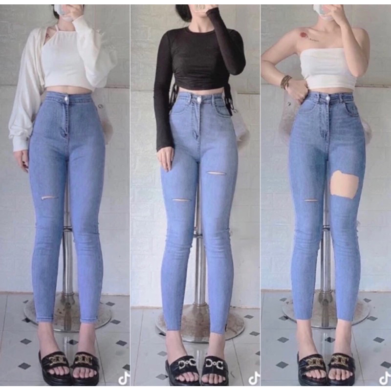 Quần Jean Skinny Nữ Xanh Nhạt Sáng Râu Mèo Tua Lai Co Giãn Mạnh, Cạp Cao Trên Rốn Siêu Tôn Dáng