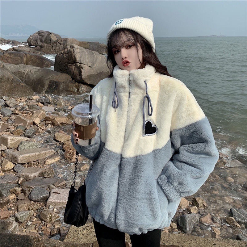 Áo khoác lông cừu thêu hình trái tim ,Áo khoác lông cừu chất lông siêu âm phong cách Hàn Quốc