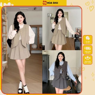  Set áo khoác gile mix áo sơ mi thô kèm chân váy xếp ly phong cách hàn quốc siêu xinh kèm ảnh thật 
