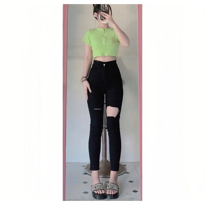 Quần Jean Nữ Skinny Rách Bản To Siêu Ngầu Màu Xanh Nhạt/Xanh Trung Râu Mèo. Cạp Cao Co Giãn Mạnh