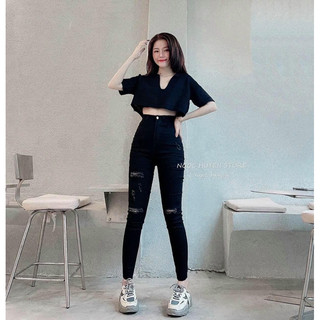Quần dài jean nữ đen rách cào 3 gối tua. jean co giãn lưng siêu cao