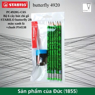 Bộ 6 bút chì gỗ STABILO butterfly 4920 2B (đầu tẩy màu)