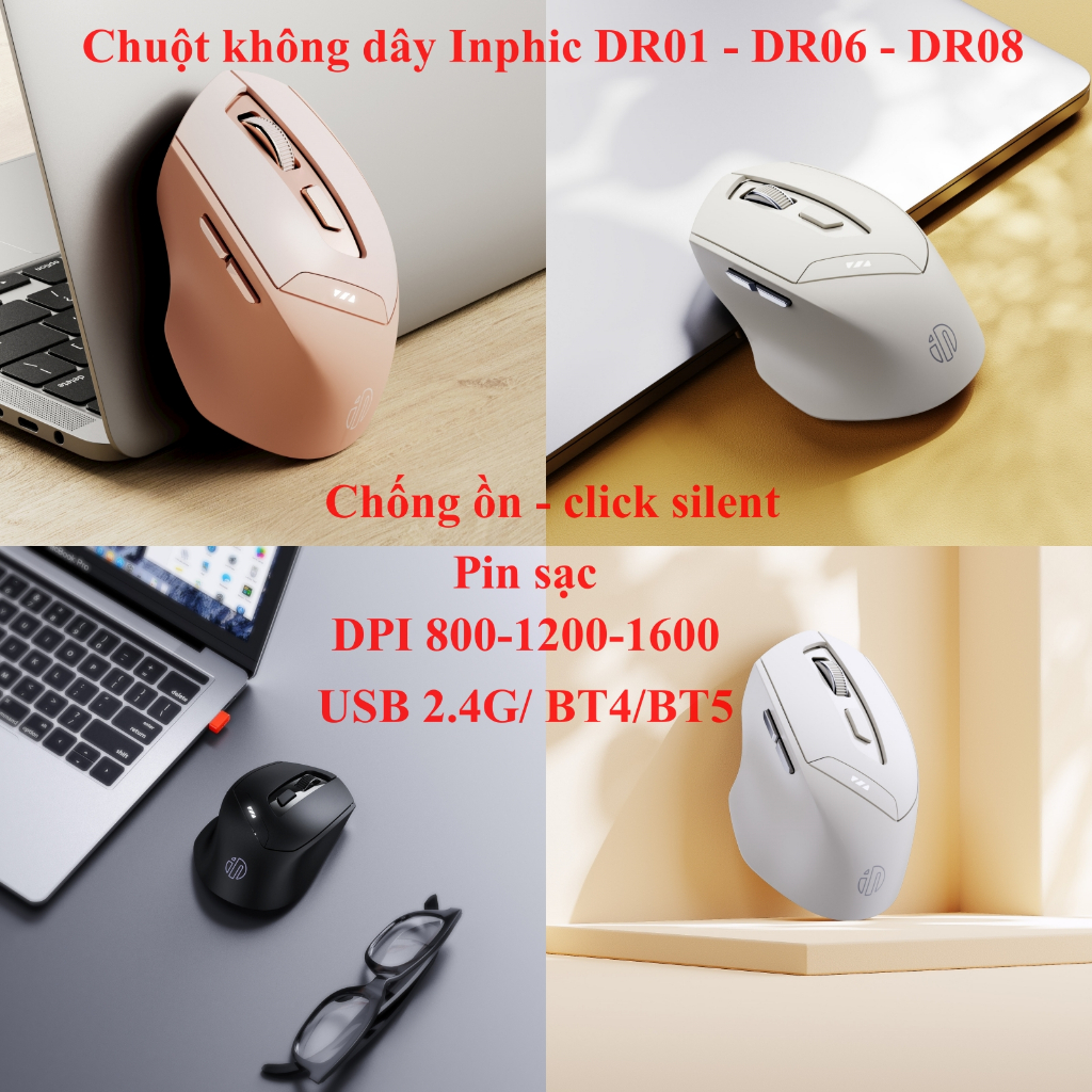 Chuột không dây INPHIC DR0 không ồn sử dụng pin sạc thiết kế hiện đại độ nhạy DPI 1600 đèn led báo dung lượng pin