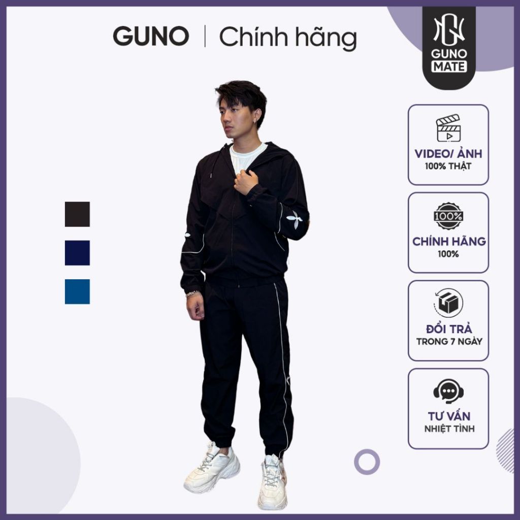 Bộ gió thể thao nam GUNO 23DBNA01 cao cấp, set đồ thu đông có mũ dây rút lót 2 lớp dày dặn hàng thethao.vnxk