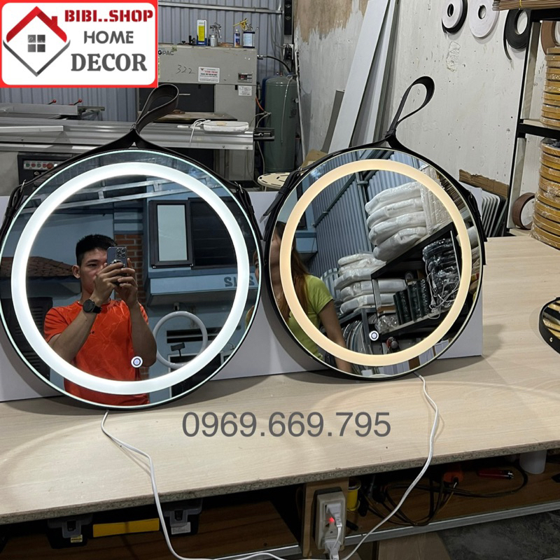 Gương treo tường tròn đèn led 3 màu viền dây da , Gương nhà tắm đèn led phong cách bắc âu sang trọng - BiBi..Shop