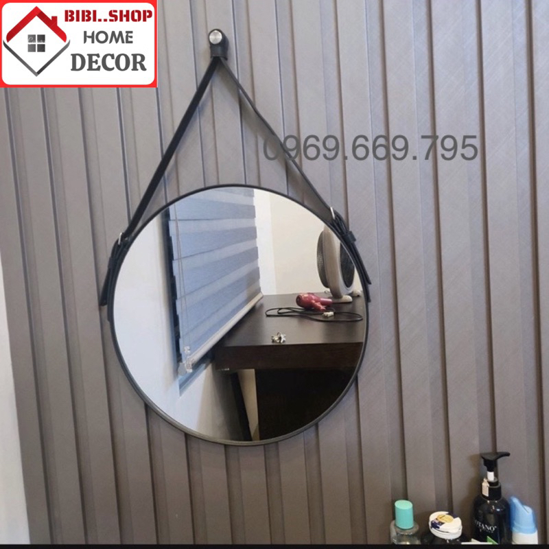 Gương treo tường tròn đèn led 3 màu viền dây da , Gương nhà tắm đèn led phong cách bắc âu sang trọng - BiBi..Shop
