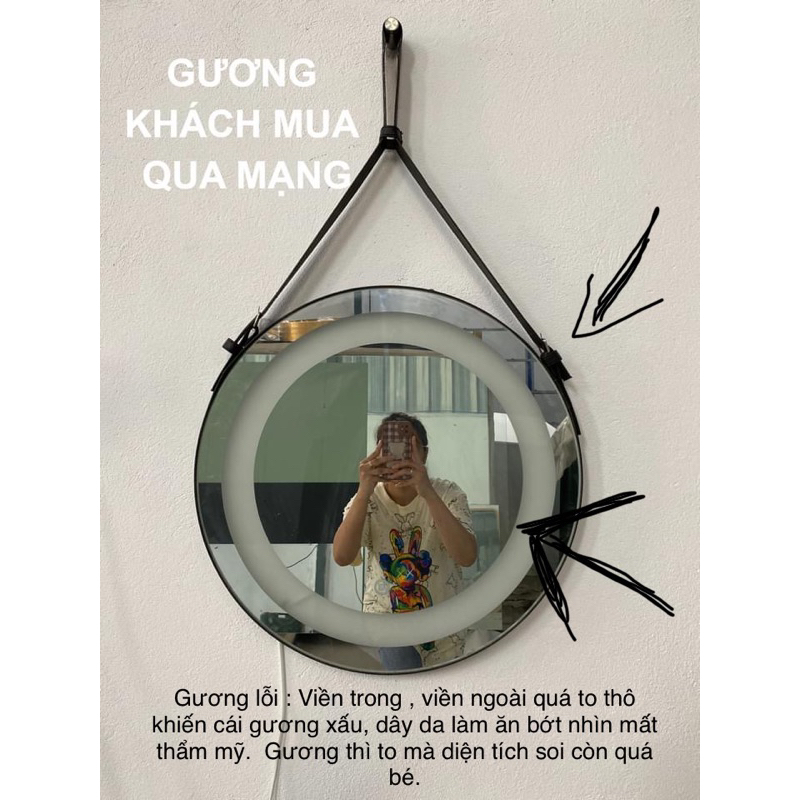 Gương treo tường tròn đèn led 3 màu viền dây da , Gương nhà tắm đèn led phong cách bắc âu sang trọng - BiBi..Shop