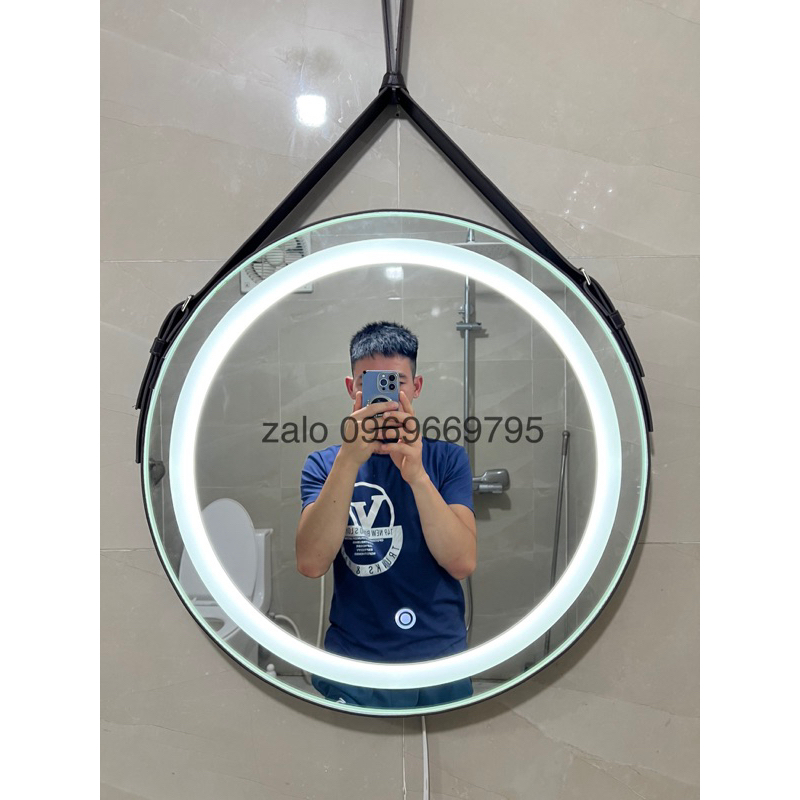 Gương treo tường tròn đèn led 3 màu viền dây da , Gương nhà tắm đèn led phong cách bắc âu sang trọng - BiBi..Shop