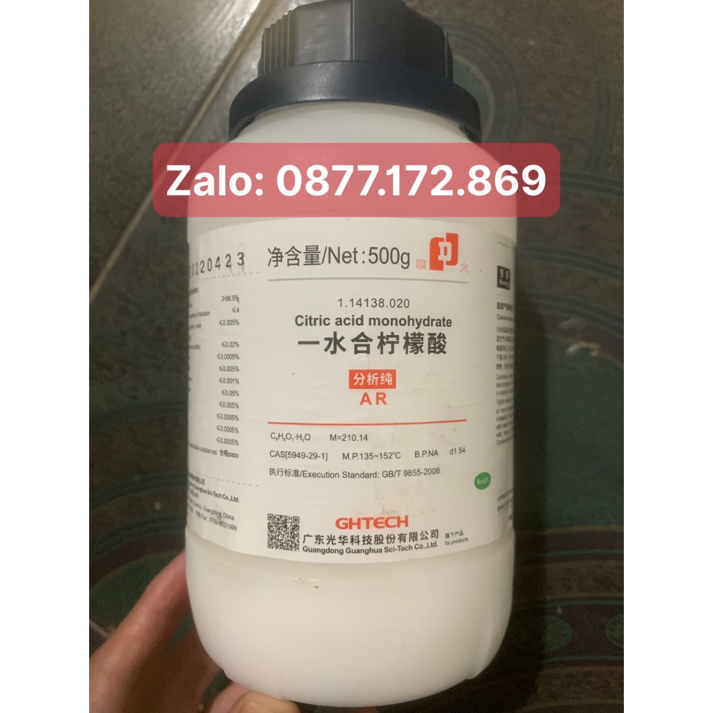 Hóa chất Ac.id Citric monohydrate tinh khiết a.xit chanh C6H806.H2O CAS 77-92-9 500g thí nghiệm