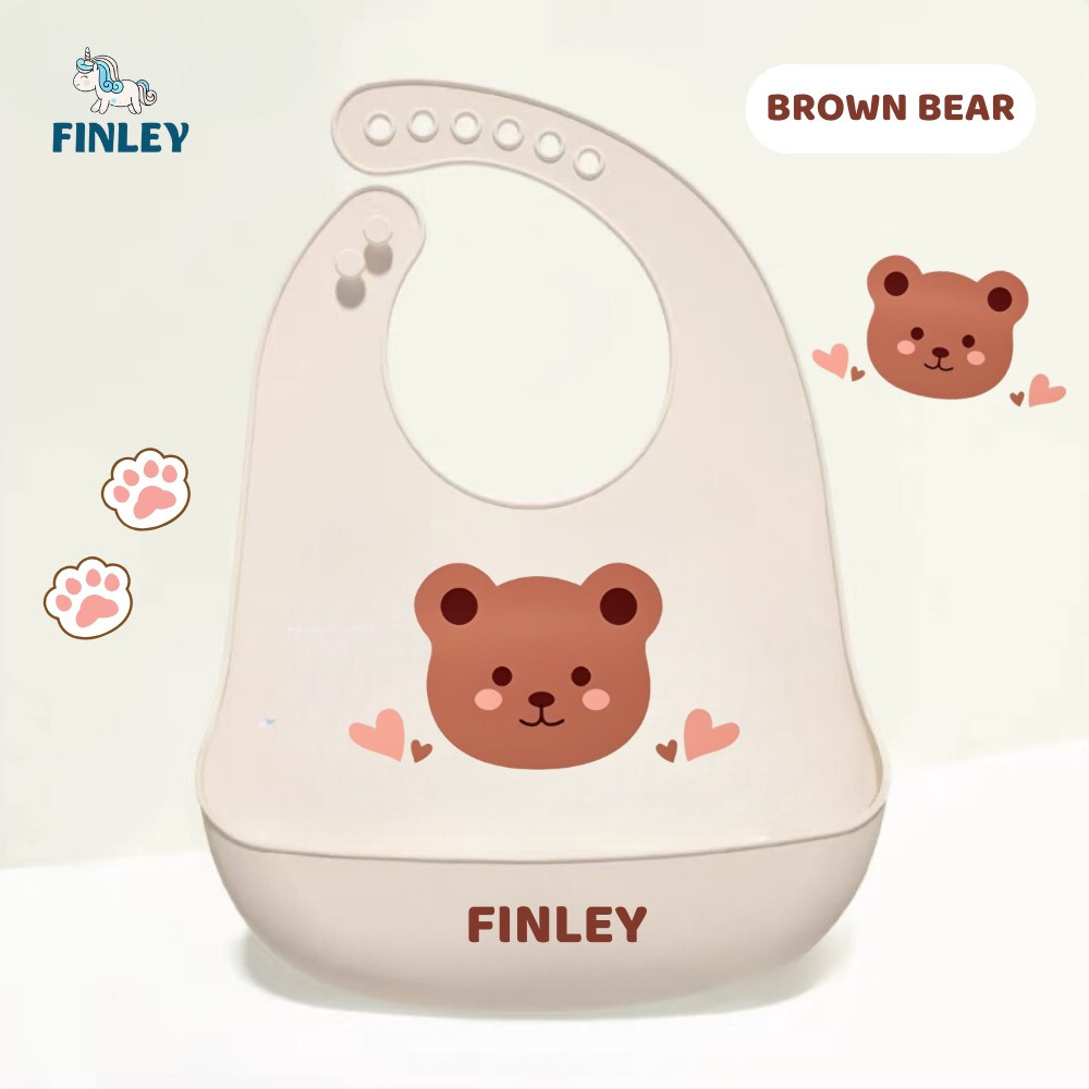 Yếm ăn dặm cho bé silicone FINLEY chống thấm nước, có máng hứng thức ăn rơi, hoạt hình đáng yêu