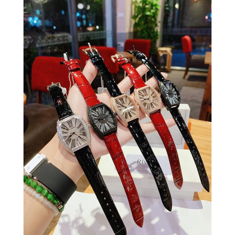 Đồng Hồ Nữ RIVERO R2603  Pin -Dây Da Chính Hãng Mặt Chữ Nhật Đính Full Đá