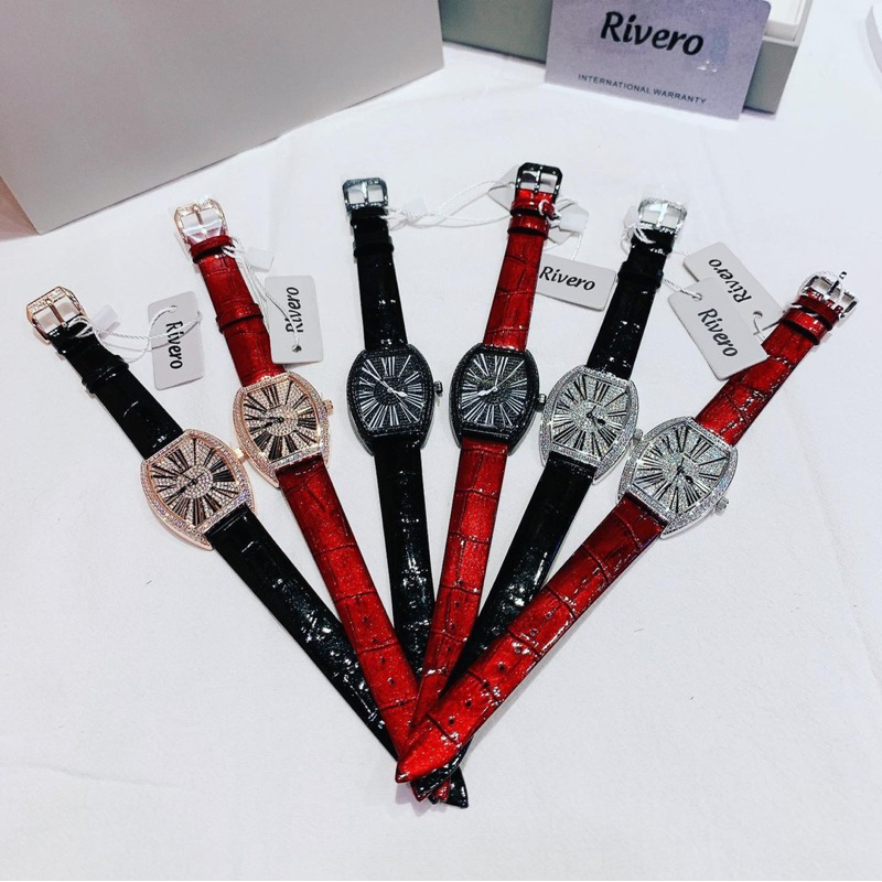 Đồng Hồ Nữ RIVERO R2603  Pin -Dây Da Chính Hãng Mặt Chữ Nhật Đính Full Đá
