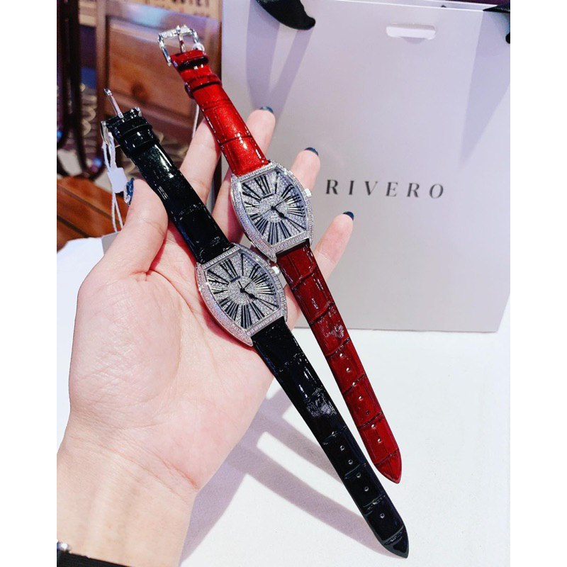 Đồng Hồ Nữ RIVERO R2603  Pin -Dây Da Chính Hãng Mặt Chữ Nhật Đính Full Đá