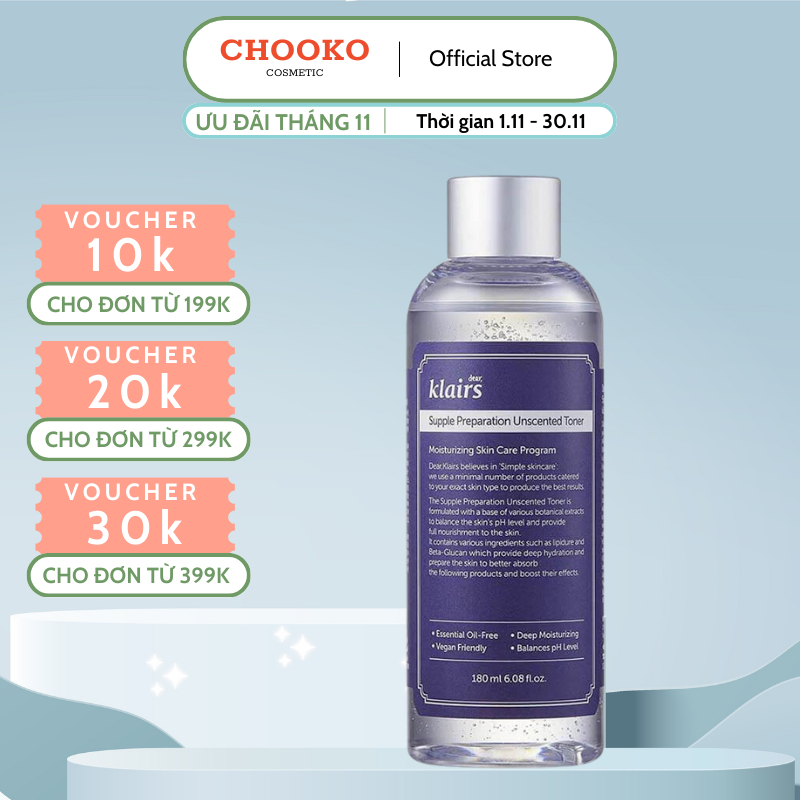 Nước Hoa Hồng Không Mùi Dưỡng Ẩm Da Và Làm Mềm Da Dear Klairs Supple Preparation Unscented Toner 180ml