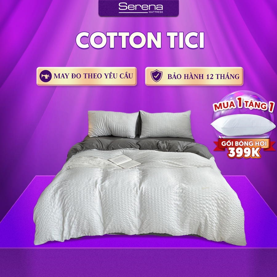 Bộ Ga Nệm Cao Cấp 5 Món Tici Kẻ Sọc SERENA MATTRESS Chuẩn Khách Sạn Chăn Ga Ra Gối Đệm Niệm Drap Grap Giường Chính Hãng