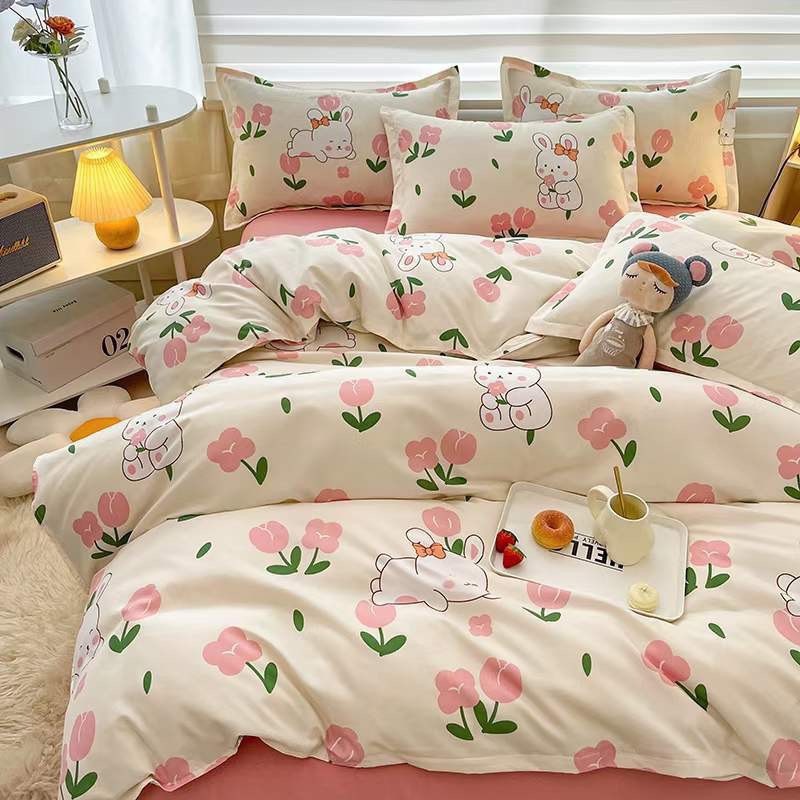 Bộ Chăn Ga Gối Cotton 3D Mịn Decor hoạ tiết Thỏ dễ thương trending 2023