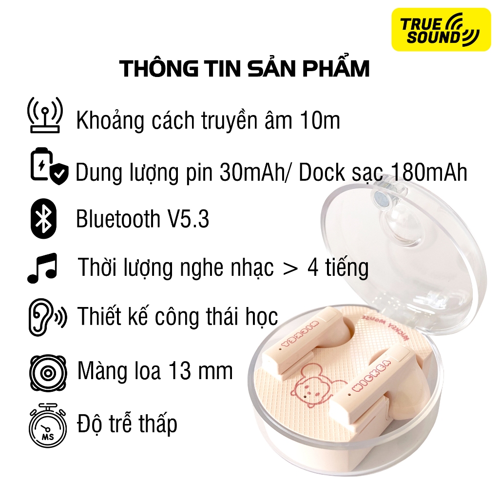 Tai nghe Bluetooth DISNEY TWS LK11 5.3V. Thiết kế ngộ nghĩnh; Kích hoạt HD call khi nhận cuộc gọi. Chuẩn chống nước IPX4