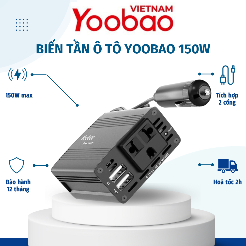 Biến tần Yoobao 150W chuyển đổi dòng 12V sang AC-220V dùng cho ác quy, oto, trạm sạc tích điện...