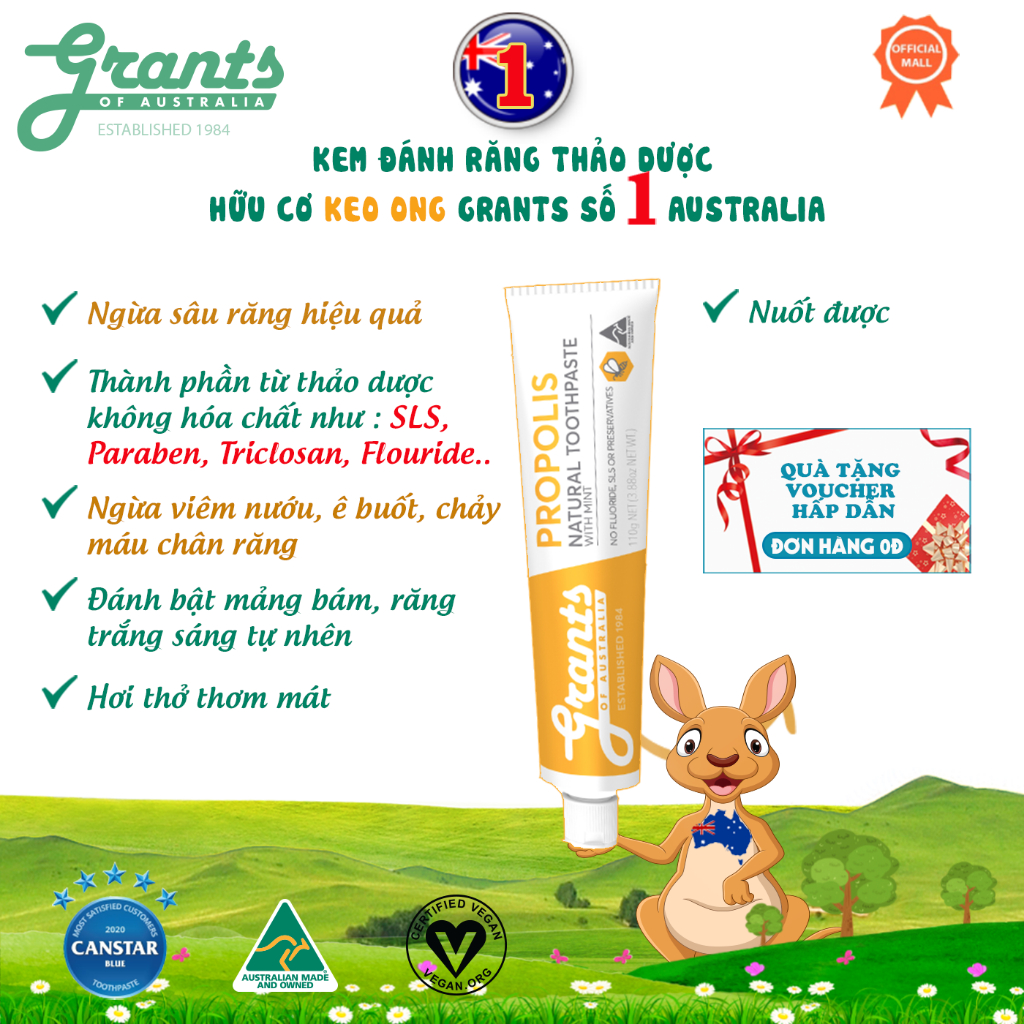 Kem đánh răng thảo dược hữu cơ keo ong Grants 110g - Ngăn ngừa sâu răng, chảy máu chân răng, viêm nướu, răng ê buốt