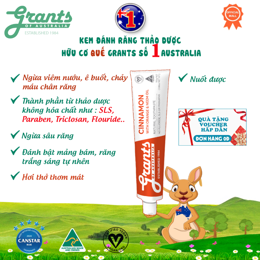 Kem đánh răng thảo dược hữu cơ quế Grants 110g - Ngăn ngừa viêm nướu, ê buốt, chảy máu chân răng, hơi thở thơm mát