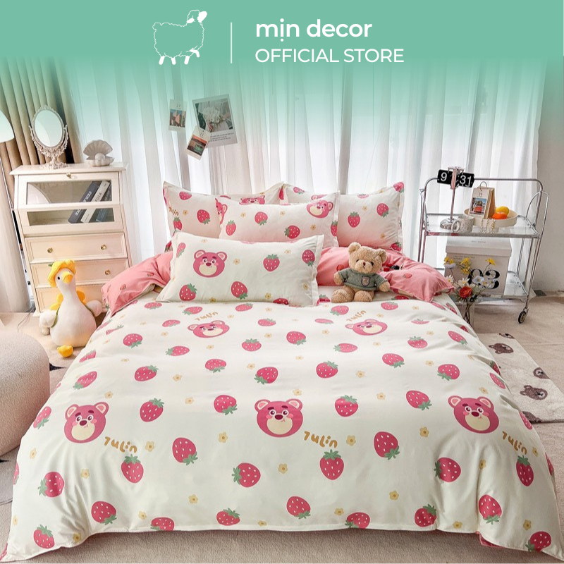 Set chăn ga gối 4 món cotton 3D MỊN DECOR mềm mịn họa tiết Gấu Thỏ dễ thương miễn phí bo chun