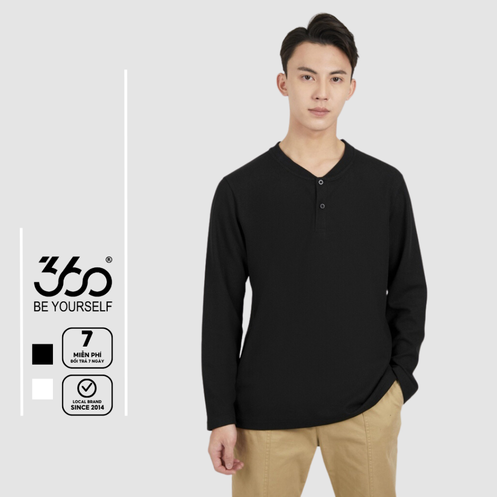 Áo thun nam dài tay cổ henley 360Boutique áo thun basic hai màu trắng đen - ATDOL329