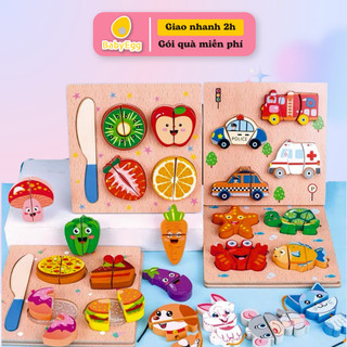 Bộ đồ chơi gỗ tranh ghép xếp hình 3D bằng gỗ lắp ráp montessori cắt củ quả xâu dây cho trẻ bé trai gái 2 3 4 tuổi babyeg