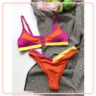 Bikini đồ bơi đi biển 2 mảnh phối màu,chất gân quảng châu cổ viền chữ v